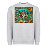 Heather Grey bull skull sunflowers Heavyweight Sweatshirt - RanaPortraitStore