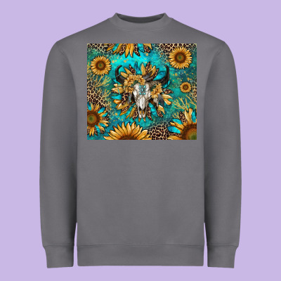 Heavyweight Sweatshirt bull skull sunflowers
