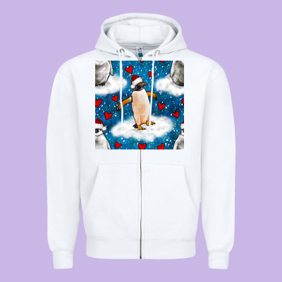 Christmas Penguin And Heart Seamless Pattern Zipper Hoodie Designed By Bundleandbundleshop