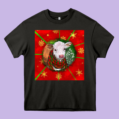 Christmas Hereford Calf Heavy Core Tee Designed By Lillyallendesigns