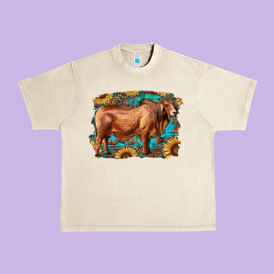 Brahman Bull With Aztec Sunflower And Leopard Background Urban Heavy Tee Designed By Ranaportraitstore