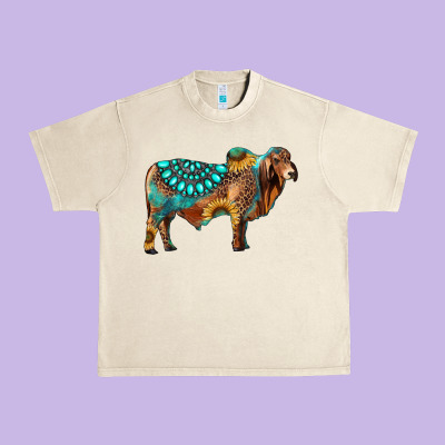 Brahman Bull Gemstone Turquoise And Sunflower Urban Heavy Tee Designed By Ranaportraitstore