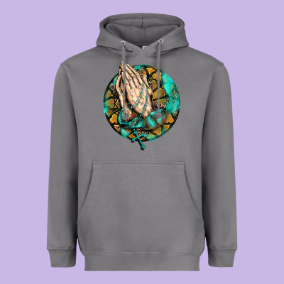 Western Praying Hands Prayer Rosary  Faith Cross Heavyweight Hoodie Designed By Barkaloodesign