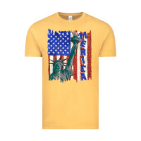 Vintage Mustard usa flag with statue of liberty Vintage Tee - texasbilliewilder