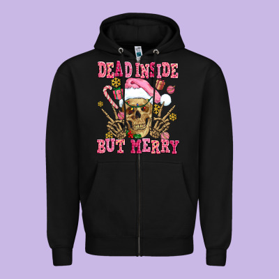 Dead Inside But Merry  Pink Christmas Skeleton Zipper Hoodie Designed By Adodesignshop