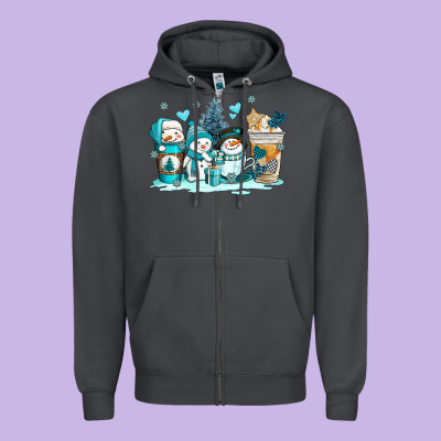 Winter Snowman Coffee Cups Zipper Hoodie Designed By Adodesignshop