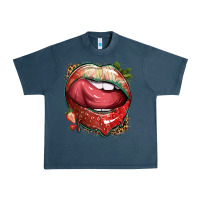 Midnight Navy strawberry lips with leopard Urban Heavy Tee - texasbilliewilder