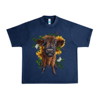 Navy highland cow with sunflower Urban Heavy Tee - RanaPortraitStore