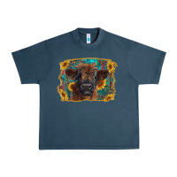 Midnight Navy highland cow calf with western background Urban Heavy Tee - RanaPortraitStore