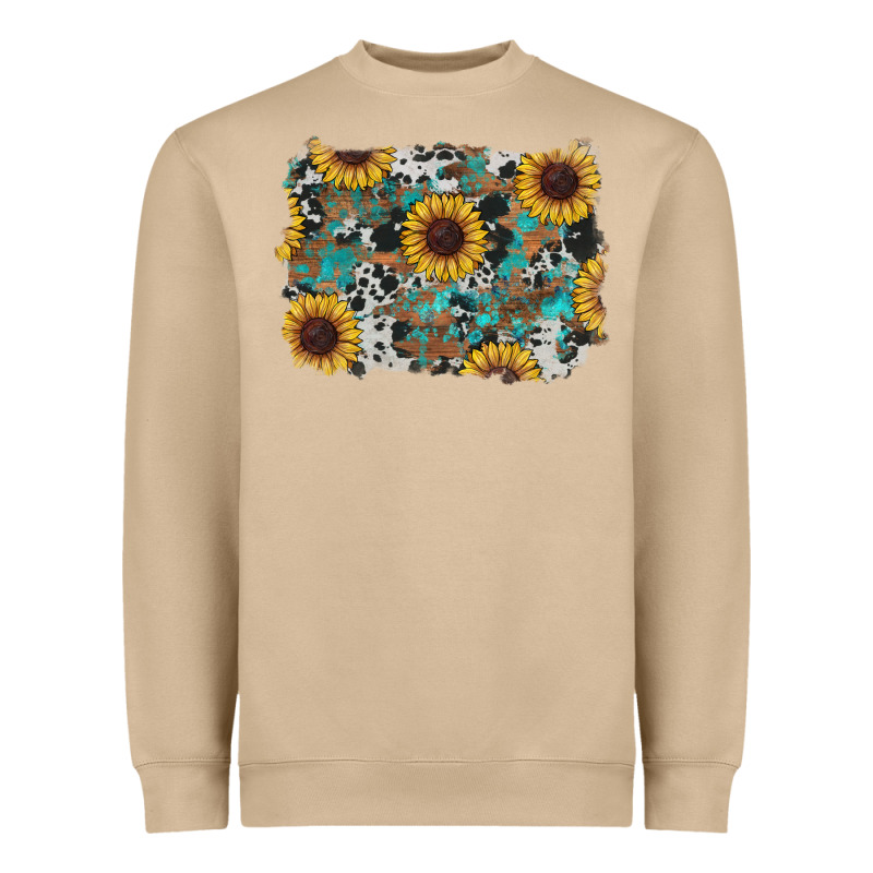 Western Sunflowers Turquoise Cowhide Background Heavyweight Sweatshirt by RanaPortraitStore | Teevron