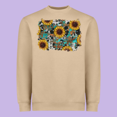 Heavyweight Sweatshirt western sunflowers turquoise cowhide background