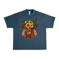 Midnight Navy highland cow with sunflowers Urban Heavy Tee - RanaPortraitStore