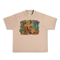 Burro highland cow family cattle and calf with sunflower and turquoise backg Urban Heavy Tee - RanaPortraitStore