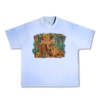 Grape Ice highland cow family cattle and calf with sunflower and turquoise backg Urban Heavy Tee - RanaPortraitStore