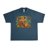 Midnight Navy highland cow family cattle and calf with sunflower and turquoise backg Urban Heavy Tee - RanaPortraitStore