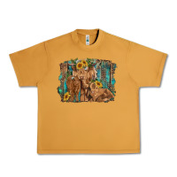 Peanut Butter highland cow family cattle and calf with sunflower and turquoise backg Urban Heavy Tee - RanaPortraitStore