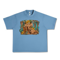 Highland Cow Family Cattle And Calf With Sunflower And Turquoise Backg Urban Heavy Tee | Teevron