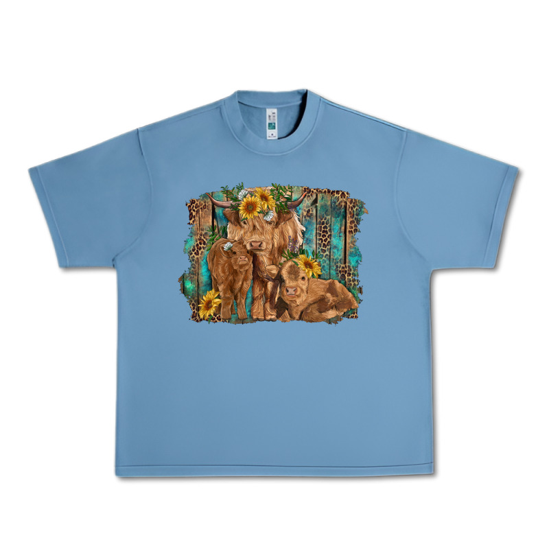 Highland Cow Family Cattle And Calf With Sunflower And Turquoise Backg Urban Heavy Tee by RanaPortraitStore | Teevron