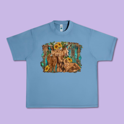 Highland Cow Family Cattle And Calf With Sunflower And Turquoise Backg Urban Heavy Tee Designed By Ranaportraitstore