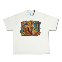 Pistachio highland cow family cattle and calf with sunflower and turquoise backg Urban Heavy Tee - RanaPortraitStore