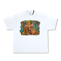 White highland cow family cattle and calf with sunflower and turquoise backg Urban Heavy Tee - RanaPortraitStore