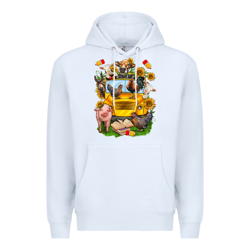 Farm Animals With School Bus Premium Hoodie by NancyCooperArtShop | Teevron