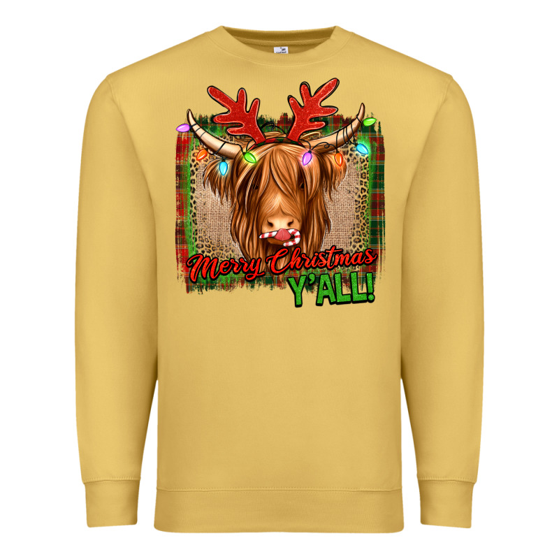 Merry Christmas Y'all Highland Cow Premium Sweatshirt by Jasminsmagicworld | Teevron