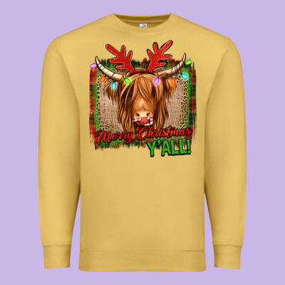 Merry Christmas Y'all Highland Cow Premium Sweatshirt Designed By Jasminsmagicworld