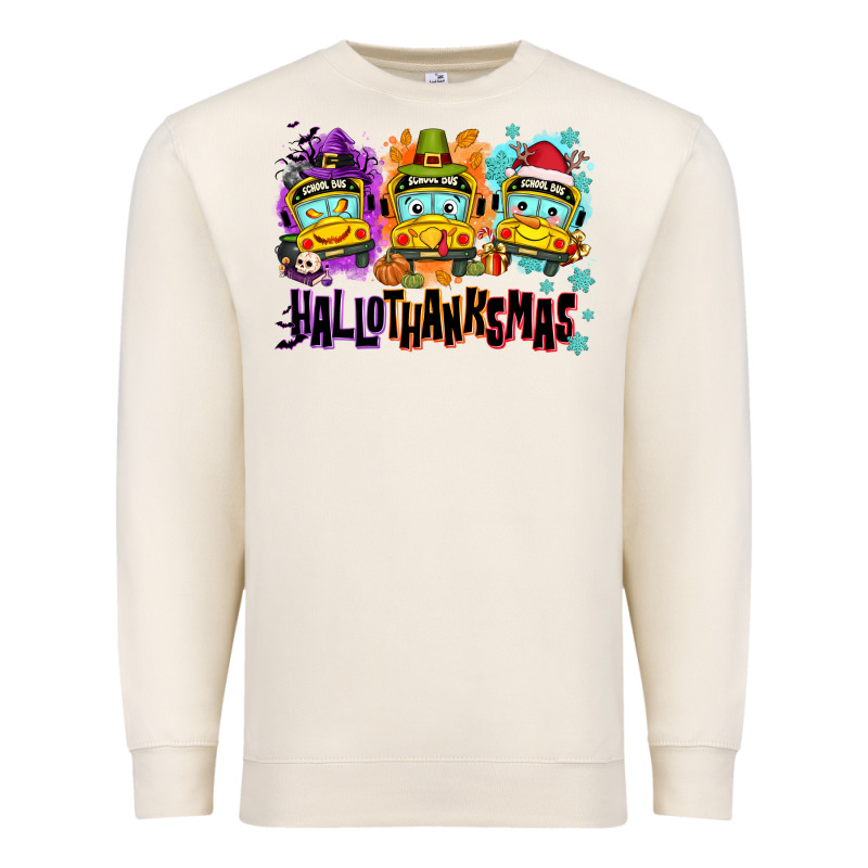 Happy Hallothanksmas School Bus Premium Sweatshirt by NancyCooperArtShop | Teevron