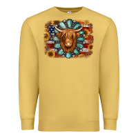 Antique Gold american flag sunflowers highland cow turquoise background Premium Sweatshirt - Jasminsmagicworld