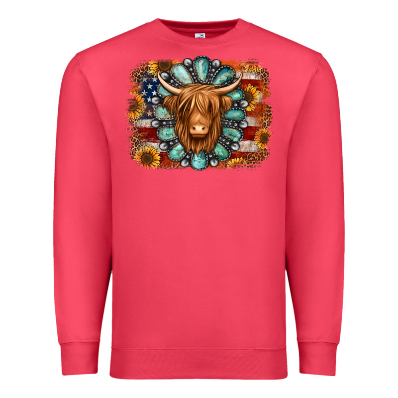 American Flag Sunflowers Highland Cow Turquoise Background Premium Sweatshirt by Jasminsmagicworld | Teevron