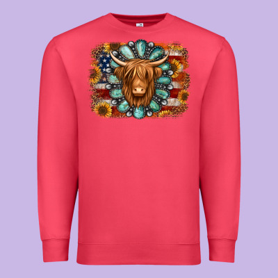 American Flag Sunflowers Highland Cow Turquoise Background Premium Sweatshirt Designed By Jasminsmagicworld