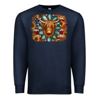 Navy american flag sunflowers highland cow turquoise background Premium Sweatshirt - Jasminsmagicworld