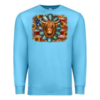 Ocean Blue american flag sunflowers highland cow turquoise background Premium Sweatshirt - Jasminsmagicworld