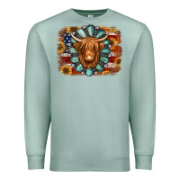 Seafoam american flag sunflowers highland cow turquoise background Premium Sweatshirt - Jasminsmagicworld