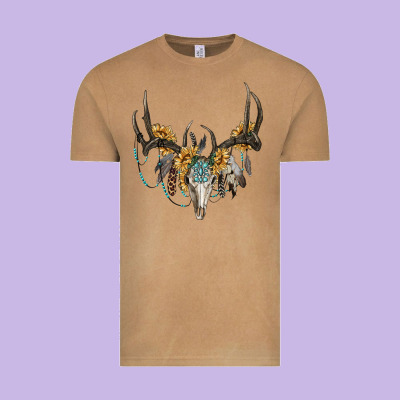 Vintage Tee Boho Deer Skull Sunflowers And Gemstone