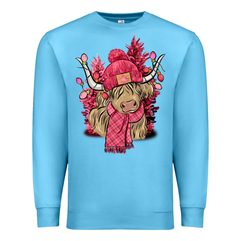 Pink Winter Long Haired Cow Premium Sweatshirt by NancyCooperArtShop | Teevron