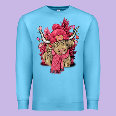 Pink Winter Long Haired Cow Premium Sweatshirt Designed By Nancycooperartshop