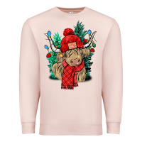 Pale Pink Red Christmas long haired Cow Premium Sweatshirt - NancyCooperArtShop