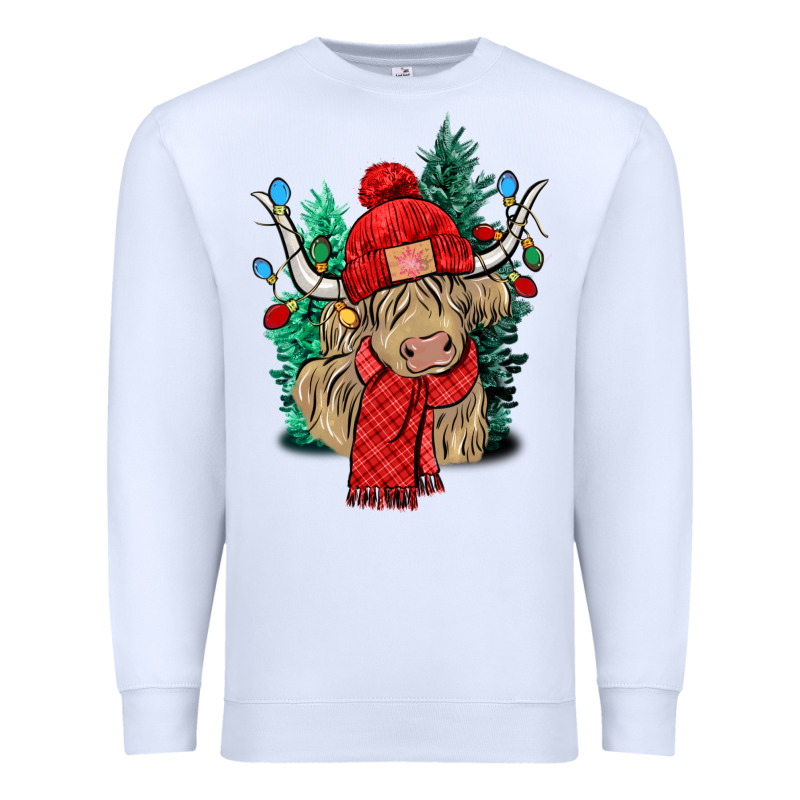 Red Christmas Long Haired Cow Premium Sweatshirt by NancyCooperArtShop | Teevron