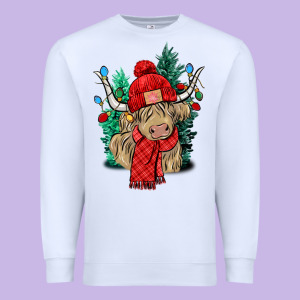 Red Christmas Long Haired Cow Premium Sweatshirt Designed By Nancycooperartshop