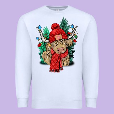 Red Christmas Long Haired Cow Premium Sweatshirt Designed By Nancycooperartshop