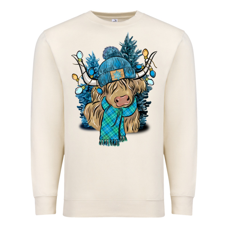 Winter Long Haired Cow Premium Sweatshirt by NancyCooperArtShop | Teevron