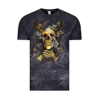 Cloud Black Bull Human Skull With Gold Roses Vintage Tee - RanaPortraitStore