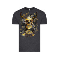Vintage Black Bull Human Skull With Gold Roses Vintage Tee - RanaPortraitStore