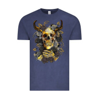 Vintage Denim Bull Human Skull With Gold Roses Vintage Tee - RanaPortraitStore