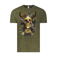 Vintage Olive Bull Human Skull With Gold Roses Vintage Tee - RanaPortraitStore