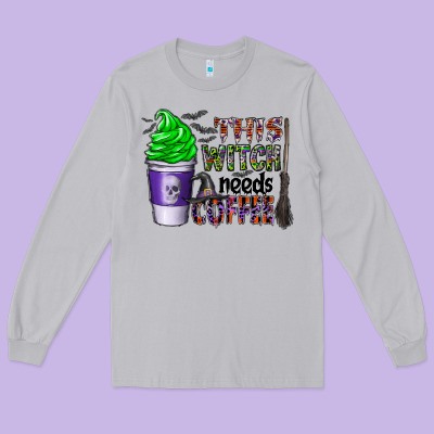 This Witch Needs Coffee Long Sleeve Tee Designed By Cowhidedigitalart