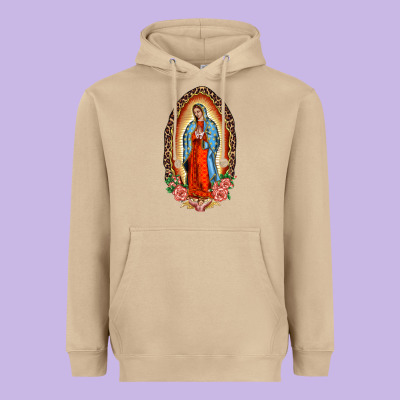 Our Lady Of Guadalupe Leopard And Roses Heavyweight Hoodie Designed By Barkaloodesign