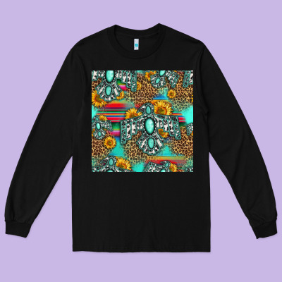 Western Turquoise Thunderbird Seamless Pattern Long Sleeve Tee Designed By Hra Design Shop